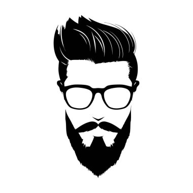 Hippi saçlarının ve sakallarının siyah silueti. Moda konsepti. Siyah beyaz logo ya da sakallı ve gözlüklü bir adamın silueti. Vektör illüstrasyonu