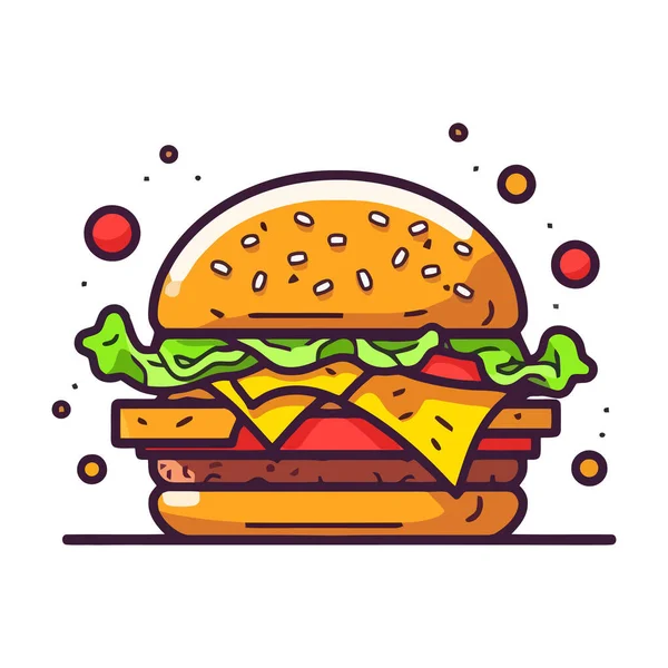 Cute Burger Image Cheeseburger Appetizing Hamburger Flat Style Vector Illustration — Stock Vector