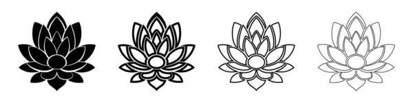 Lotosové Ikony Květin Nastaveny Černá Lotosový Květ Ikona Izolované Bílém — Stockový vektor
