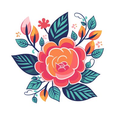 Güzel romantik çiçekler. Beyaz arka planda çiçek süslemesi. Yapraklı çiçek. Vektör illüstrasyonu.