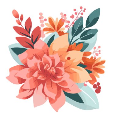 Güzel romantik çiçekler. Beyaz arka planda çiçek süslemesi. Yapraklı çiçek. Vektör illüstrasyonu.