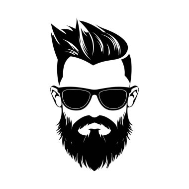 Hippi saçlarının ve sakallarının siyah silueti. Moda konsepti. Siyah beyaz logo ya da sakallı ve gözlüklü bir adamın silueti. Vektör illüstrasyonu