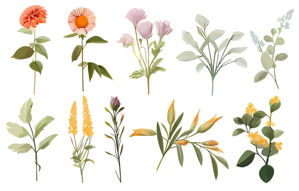 Çiçek Simgeleri Ayarlandı Beyaz Arka Planda Renkli Çiçek Koleksiyonu Düz — Stok Vektör
