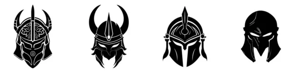 一个武士骑士的头盔 士兵或战士头盔的一组黑色图标 矢量说明 — 图库矢量图片