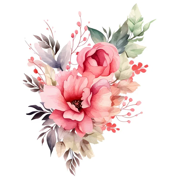 Όμορφα Ρομαντικά Λουλούδια Λουλούδια Διακόσμηση Λευκό Φόντο Λουλούδι Φύλλα Εικονογράφηση — Διανυσματικό Αρχείο