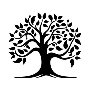 Ağaç silueti. Yapraklı bir ağacın soyut siyah görüntüsü. Vektör çizimi. Üretilmiş Yapay Zeka