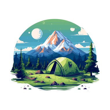Dağlarda kamp yapmak. Ormandaki kamp çadırının görüntüsü. Dağlar manzaralı. Vektör çizimi. Üretilmiş Yapay Zeka