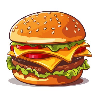 Güzel burger. Çizburgerin resmi. Düz bir hamburgerle iştah açıcı. Vektör çizimi. Üretilmiş Yapay Zeka