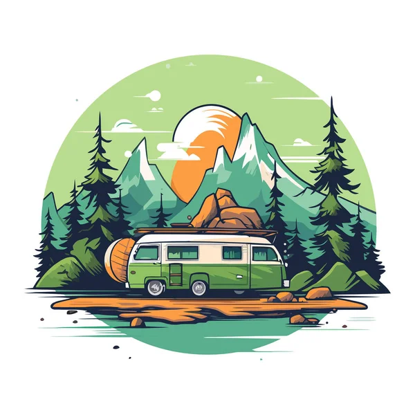 Doğadaki Retro Van Dağlarda Kamp Minibüsü Düz Dizayn Edilmiş Eski — Stok Vektör