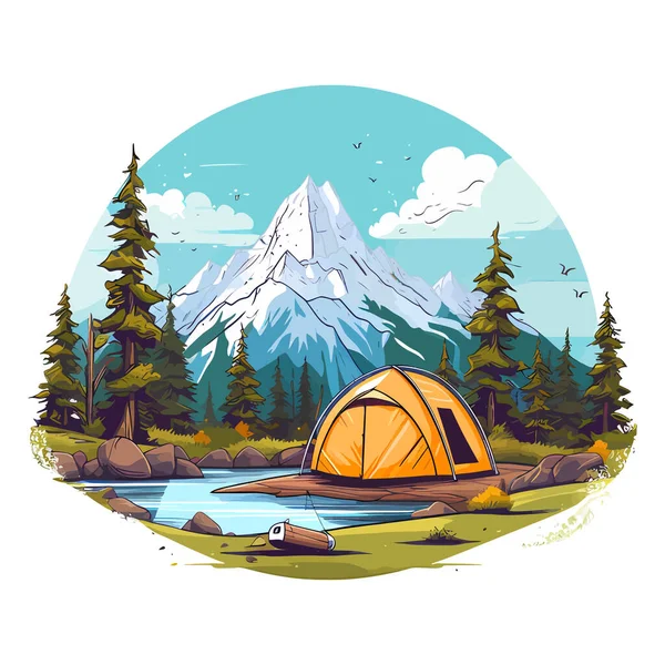 Acampar Nas Montanhas Imagem Barraca Acampamento Floresta Paisagem Montanhas Ilustração —  Vetores de Stock