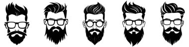 Hippi saçlarının ve sakallarının siyah silueti. İkonlar. Moda konsepti. Siyah beyaz logo ya da sakallı ve gözlüklü bir adamın silueti. Vektör illüstrasyonu