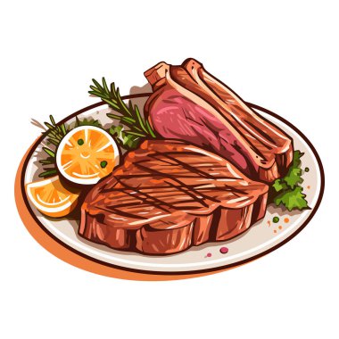 Beyaz arka planda ızgara et ve kızarmış biftek. Biftek. Domuz eti. Vektör çizimi. Üretilmiş Yapay Zeka