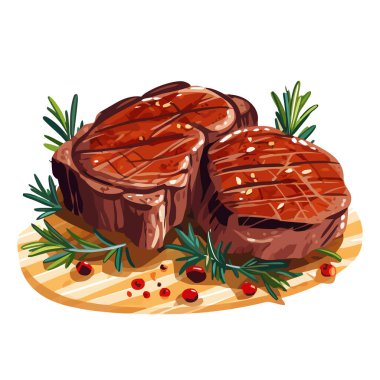 Beyaz arka planda ızgara et ve kızarmış biftek. Biftek. Domuz eti. Vektör çizimi. Üretilmiş Yapay Zeka