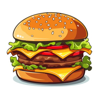 Güzel burger. Çizburgerin resmi. Düz bir hamburgerle iştah açıcı. Vektör çizimi. Üretilmiş Yapay Zeka