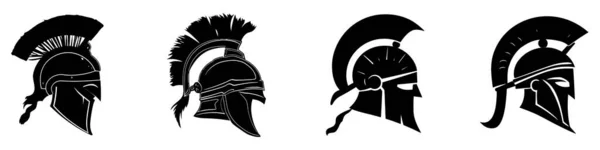 Casco Cavaliere Guerriero Set Icone Nere Casco Soldato Romano Gladiatore — Vettoriale Stock