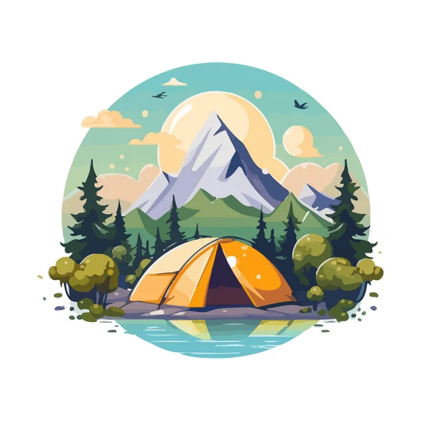 Лагерь Горах Изображение Палатки Кемпинга Лесу Горный Пейзаж Векторная Иллюстрация — стоковый вектор