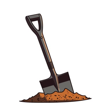 Toprağa kürek at. Süngü küreği. Maça yere yapıştı. Vektör çizimi. Üretilmiş Yapay Zeka