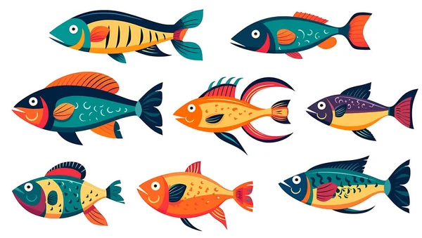 Набір Рибних Значків Милі Мультяшні Риби Ізольовані Білому Векторні Ілюстрації — стоковий вектор