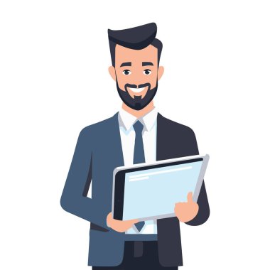 Kendinden emin genç işadamı tableti elinde tutuyor. Teknoloji iş başında. Vektör çizimi. Üretilmiş Yapay Zeka