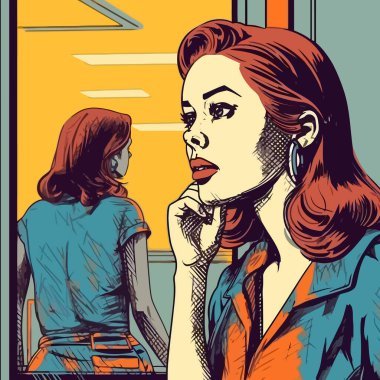 Duyguları olmayan güzel, çizilmiş bir kadın bir tarafa bakar. Vektör çizimi. Yapay zeka oluşturuldu