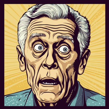 Hayranlık duyan ya da şaşırmış yaşlı bir adamın yüzü. Retro pop sanat çizgi stili. Vektör çizimi. Yapay zeka oluşturuldu