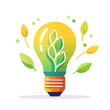 Yeşil bitkilerle çevrili çevre dostu ampul. Yenilenebilir ve sürdürülebilir enerji. Vektör illüstrasyonu.
