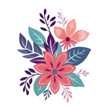 Güzel romantik çiçekler. Beyaz arka planda çiçek süslemesi. Yapraklı çiçek. Vektör illüstrasyonu.