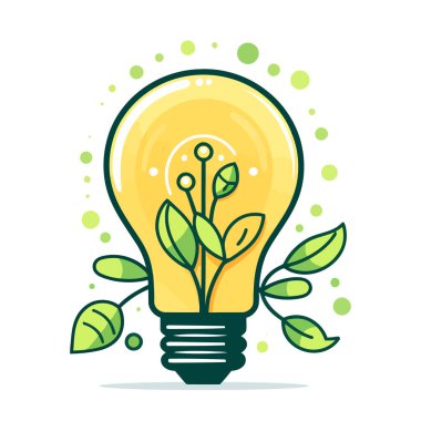 Yeşil bitkilerle çevrili çevre dostu ampul. Yenilenebilir ve sürdürülebilir enerji. Vektör illüstrasyonu.