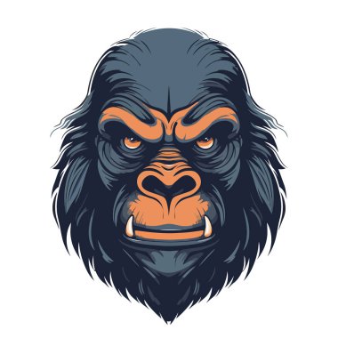 Goril kafası logosu tasarımı. Soyut goril yüzü çizimi. Şirin goril yüzü izole edilmiş. Vektör illüstrasyonu