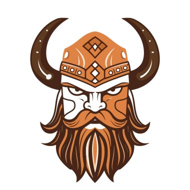 Miğferinde Viking kafası var. Viking savaşçı logosu tasarımı. Vektör illüstrasyonu