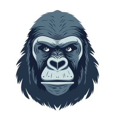 Goril kafası logosu tasarımı. Soyut goril yüzü çizimi. Şirin goril yüzü izole edilmiş. Vektör illüstrasyonu