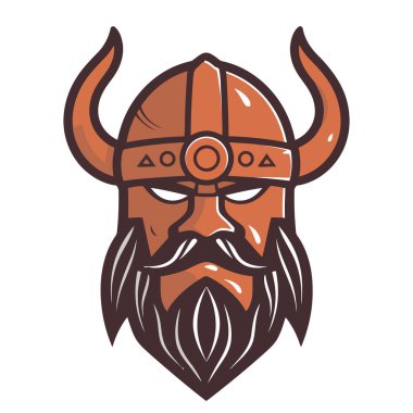 Miğferinde Viking kafası var. Viking savaşçı logosu tasarımı. Vektör illüstrasyonu