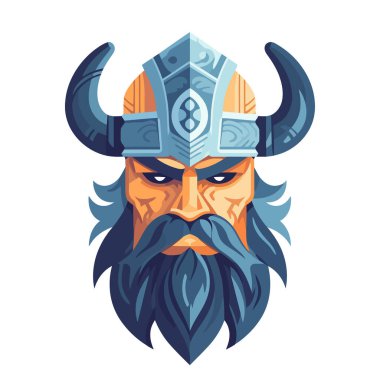 Miğferinde Viking kafası var. Viking savaşçı logosu tasarımı. Vektör illüstrasyonu