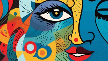 Kadınlar Picasso tarzıyla yüzleşir. Kübizm kadını. Picasso tarzında soyut bir geçmiş. Vektör illüstrasyonu.