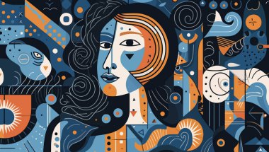 Kadınlar Picasso tarzıyla yüzleşir. Kübizm kadını. Picasso tarzında soyut bir geçmiş. Vektör illüstrasyonu.
