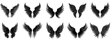 Wings icon. Set of black icons of wings on white background. Wings logo design. Vector illustration clipart