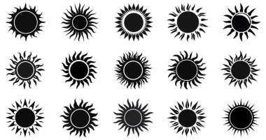 Güneş ikonu. Düz dizaynlı siyah güneş ikonu. Güneş sembolleri seti. Vektör illüstrasyonu.