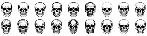 人間の頭蓋骨セット スカルシルエット スカルアイコンセット 人間の頭蓋骨の図面のコレクション ベクトルイラスト — ストックベクタ