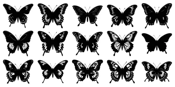 Conjunto Iconos Mariposa Siluetas Mariposa Símbolos Mariposa Negra Ilustración Vectorial — Vector de stock