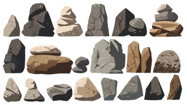 Taşlar. Çeşitli izole taş ve minerallerin görüntüsü. Vektör illüstrasyonu.