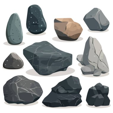 Taşlar. Çeşitli izole taş ve minerallerin görüntüsü. Vektör illüstrasyonu.