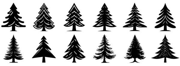 Christmas tree icon. Set of black christmas tree icons on white background. Vector illustration. Holiday icons