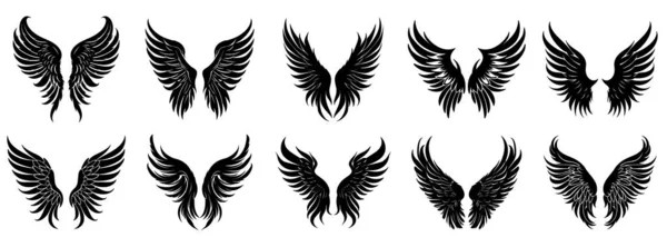 Vingikonen Uppsättning Svarta Ikoner Vingar Vit Bakgrund Wings Logotyp Design — Stock vektor