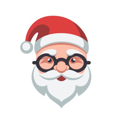 Sakallı ve bıyıklı Noel Baba suratı. Noel Baba 'nın şapkalı şirin bir karikatürü. Vektör çizimi. Noel simgesi