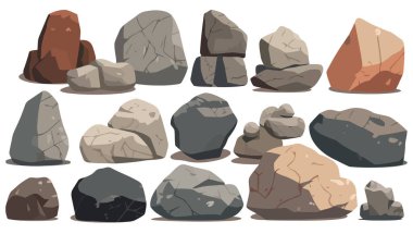 Taşlar. Çeşitli izole taş ve minerallerin görüntüsü. Vektör illüstrasyonu.