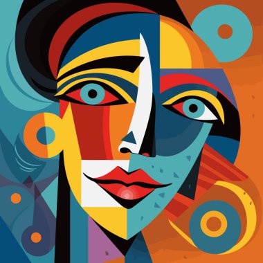 Kadınlar Picasso tarzıyla yüzleşir. Kübizm kadını. Picasso tarzında soyut bir geçmiş. Vektör illüstrasyonu.