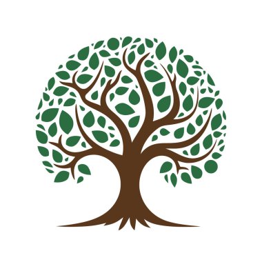 Ağaç logosu tasarımı. Ağaç simgesi izole edildi. Yapraklı şirin ağaç sembolü. Vektör illüstrasyonu.