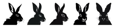 Tavşan siyah siluetleri. Beyaz arka planda izole edilmiş Paskalya tavşanı simgeleri. Vektör çizimi. Tavşan simgesi çizimi