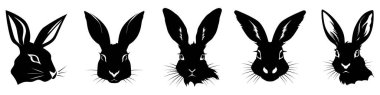 Tavşan siyah siluetleri. Beyaz arka planda izole edilmiş Paskalya tavşanı simgeleri. Vektör çizimi. Tavşan simgesi çizimi