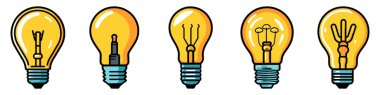 Ampul logosu simgesi izole edildi. Ampul seti. Yenilikçi bir fikir. Enerji ve düşünme sembolü. Vektör illüstrasyonu